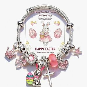 Silver-Tone Charm Bangle Bracelet with Pink Accents